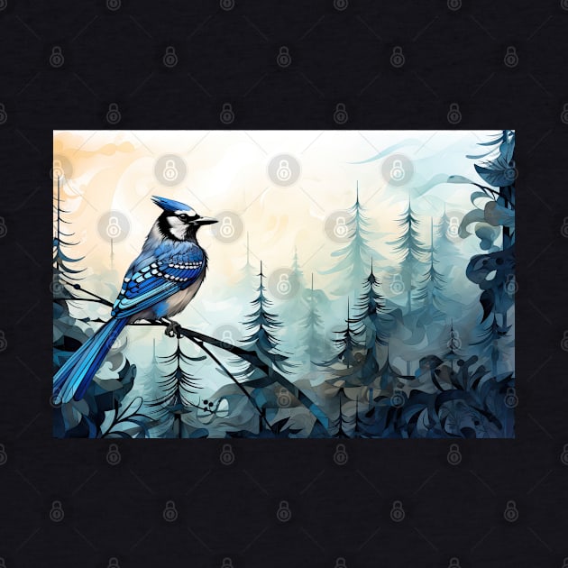 Misty boreal watercolor blue jay by etherElric